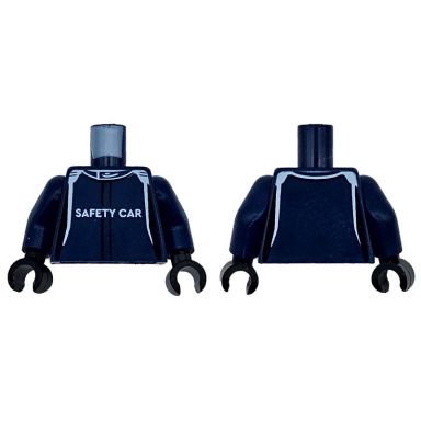dark blue torso racing suit with white safety car and stripes pattern dark blue arms black hands