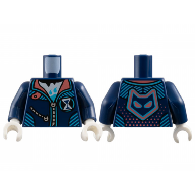 dark blue torso jacket coral collar medium azure trim lines silver zippers white hourglass and shirt animal head on back pattern dark blue arms white hands