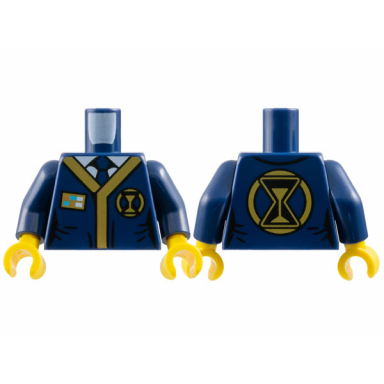 dark blue torso tunic with black and gold hem hourglasses and badge with medium azure and white rectangles over shirt with tie pattern dark blue arms yellow hands