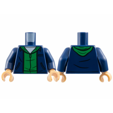 dark blue torso jacket with black pockets over green hoodie white shirt pattern dark blue arms medium tan hands