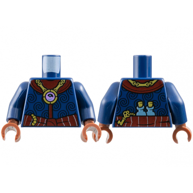 dark blue torso cloak with black spirals dark red collar and sash gold jewel necklace key and flasks on back pattern dark blue arms reddish brown hands