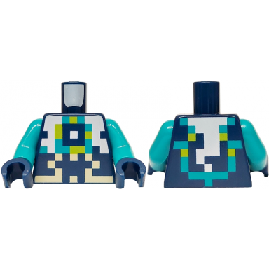 dark blue torso pixelated dark turquoise lime tan and white armor pattern dark turquoise arms dark blue hands