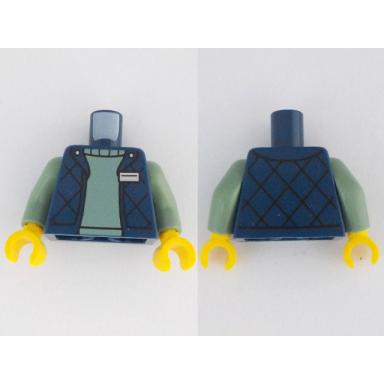 dark blue torso bodywarmer with silver badge over sand green sweater pattern sand green arms yellow hands