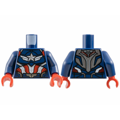 dark blue torso armor silver and white star with wings red stripes pattern dark blue arms red hands