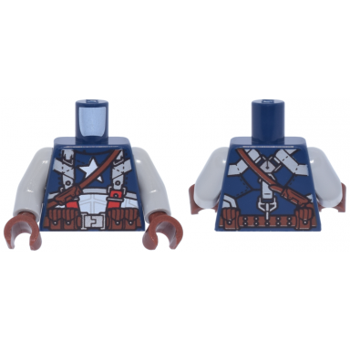 dark blue torso body armor with white star and abdomen light bluish gray and red harness straps reddish brown shoulder strap belt with pouches and silver buckle pattern light bluish gray arms reddish brown hands