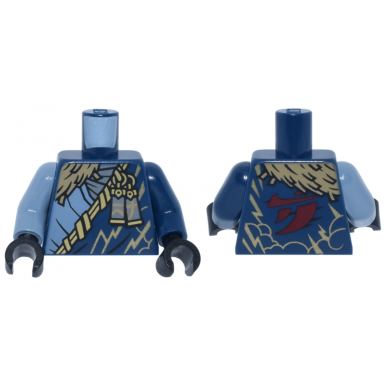 dark blue torso tunic with gold trim charms and lightning dark tan wrap dark red ninjago logogram j pattern dark blue arm left sand blue arm right black hands