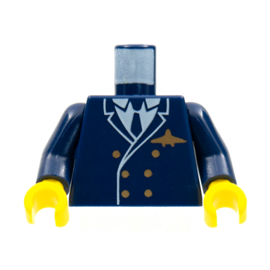dark blue torso airplane pilot suit double breasted tie gold buttons and logo pin pattern dark blue arms yellow hands