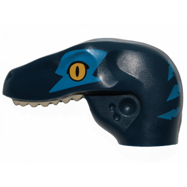 dark blue dinosaur head raptor with pin hole with tan teeth and blue stripes and eye patch pattern