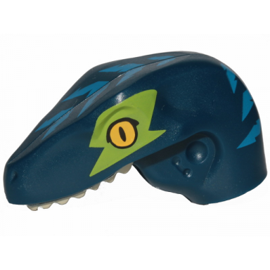 dark blue dinosaur head raptor with pin hole with tan teeth and blue stripes and lime eye patch pattern