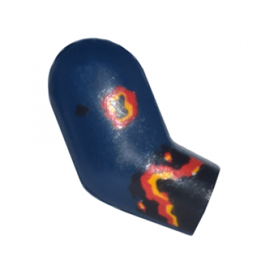 dark blue arm right with black red and yellow splotches pattern