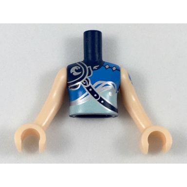 dark blue torso mini doll girl armored top with blue silver and light aqua trim water icon pattern light nougat arms with hands with blue tattoo