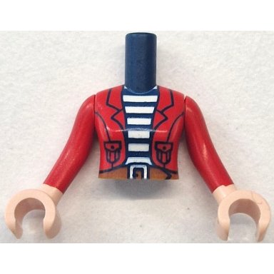 dark blue torso mini doll woman red jacket open over white striped shirt dark orange belt with buckle pattern light nougat arms with hands with red long sleeves