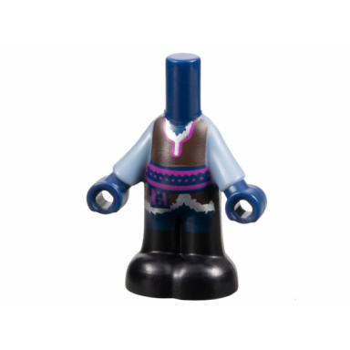 dark blue micro doll body with molded sand blue top and black pants and printed reddish brown tunic with white fur trim magenta sash belt dark blue shorts pattern
