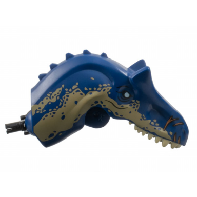 dark blue dinosaur head allosaurus with black rotation joint pin with tan teeth dark tan scales and white blind right eye pattern