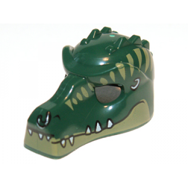 dark green minifigure headgear mask crocodile with teeth earrings and olive green stripes pattern