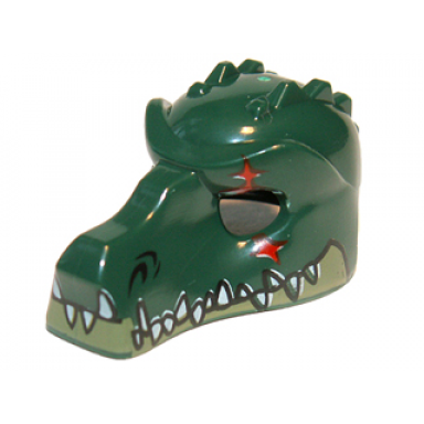 dark green minifigure headgear mask crocodile with olive green lower jaw white teeth and red scar pattern