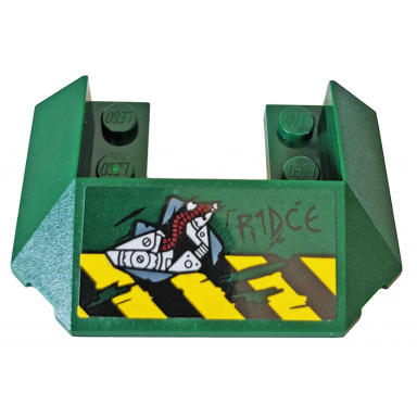 dark green wedge 6 x 4 cutout train roof with 5 large bottom tubes with r1dce black and yellow danger stripes and red gears pattern sticker - set 76078