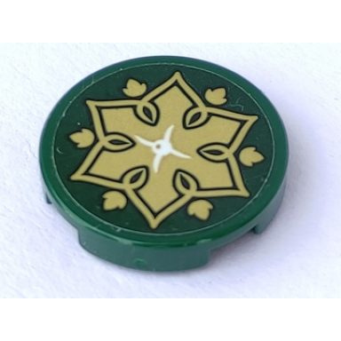 dark green tile round 2 x 2 with bottom stud holder with cushion with white button gold flower and leaves on dark green background pattern sticker - set 41075