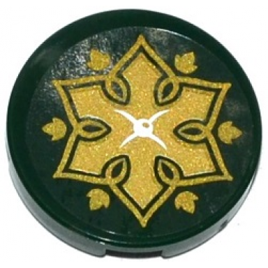 dark green tile round 2 x 2 with bottom stud holder with cushion with white button gold flower and leaves on transparent background pattern sticker - set 41075