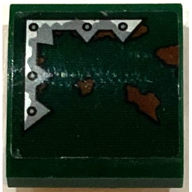 dark green slope curved 2 x 2 x 2 3 with silver metal plate with spikes and rivets and reddish brown mud splotches pattern model left side sticker - set 70434