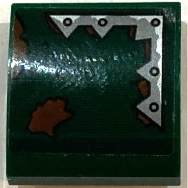 dark green slope curved 2 x 2 x 2 3 with silver metal plate with spikes and rivets and reddish brown mud splotches pattern model right side sticker - set 70434