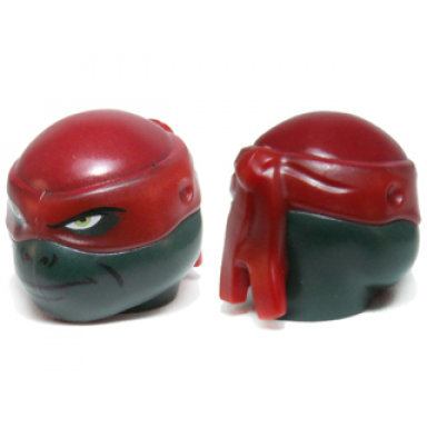 dark green minifigure head modified ninja turtle type 2 with dark red mask headcovering and closed mouth pattern raphael