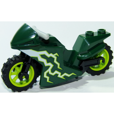 dark green motorcycle sport bike with black frame lime wheels and light bluish gray handlebars with white lightning pattern