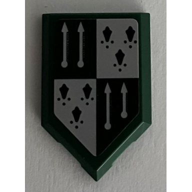 dark green tile modified 2 x 3 pentagonal with dark green and light bluish gray slytherin banner with spears pattern sticker - set 76395