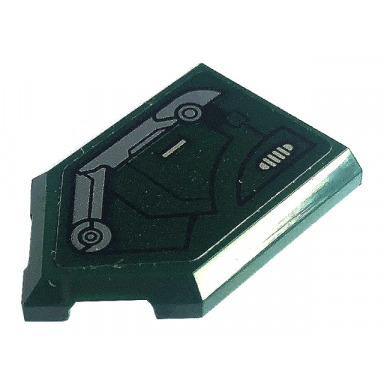 dark green tile modified 2 x 3 pentagonal with black lines and dark bluish gray dark green and silver armor plates pattern model left side sticker - set 76195
