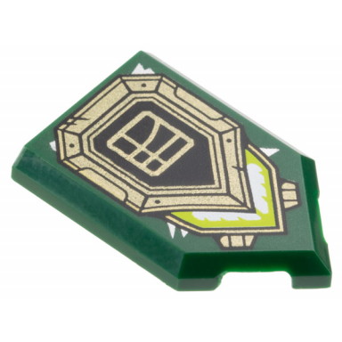 dark green tile modified 2 x 3 pentagonal with black and gold shield ninjago logogram letter l in square and lime and white light pattern