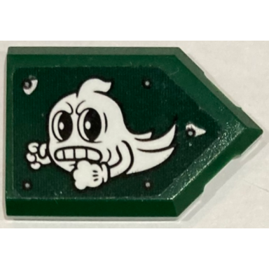 dark green tile modified 2 x 3 pentagonal with angry white ghost and rivets pattern model left side sticker - set 70434