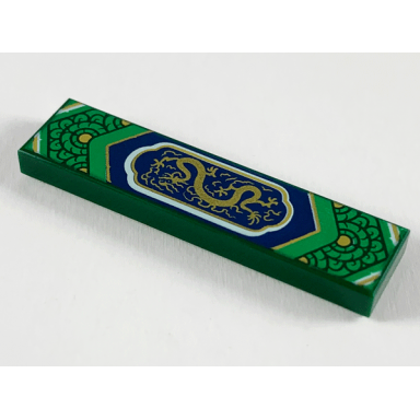 dark green tile 1 x 4 with gold dragon in green frame with scales pattern