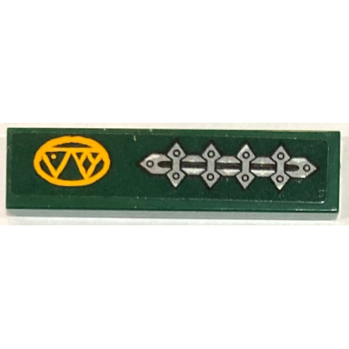 dark green tile 1 x 4 with silver metal plates with spikes and rivets and bright light orange triangles in oval pattern model right side sticker - set 70434