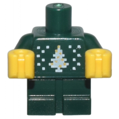 dark green body baby toddler with fixed arms with molded yellow hands and printed knit fair isle holiday sweater with white and gold christmas tree pattern