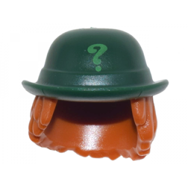 dark green minifigure hair combo hat with hair bowler hat with bright green question mark and dark orange wavy shoulder length hair pattern