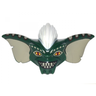 dark green minifigure head modified alien gremlin with tan ears spots and teeth white mohawk and red eyes pattern