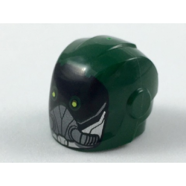 dark green minifigure headgear helmet armor plates and ear protectors with black mask with yellow eyes and dark silver breather pattern