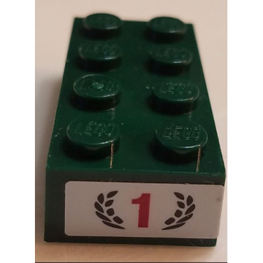 dark green brick 2 x 4 with red number 1 and dark green laurel wreath pattern on end sticker - set 75881
