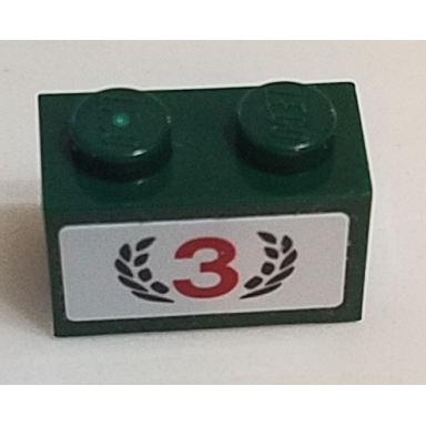 dark green brick 1 x 2 with red number 3 and dark green laurel wreath pattern sticker - set 75881