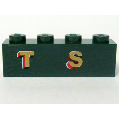 dark green brick 1 x 4 with gold t s pattern sticker - set 10194