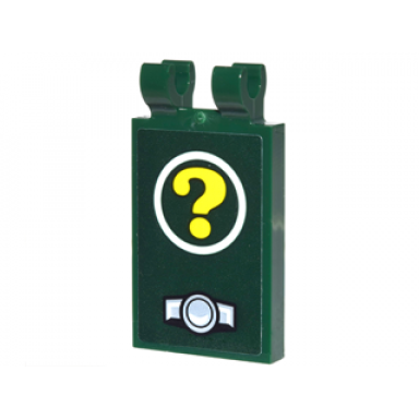 dark green tile modified 2 x 3 with 2 clips with yellow question mark in white circle and hood ornament pattern sticker - set 70903