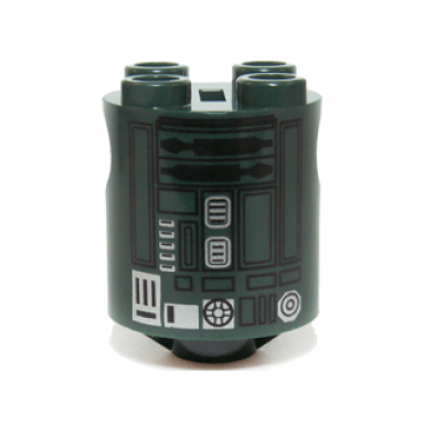dark green brick round 2 x 2 x 2 robot body with bottom axle holder x shape orientation with black lines and silver pattern festive astromech droid sw r2-x2