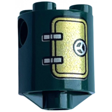 dark green brick round 2 x 2 x 2 robot body with hatch and handle pattern