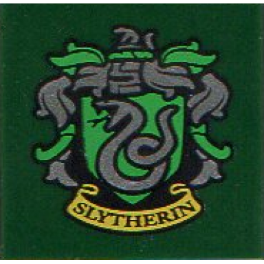 dark green tile 2 x 2 with hp slytherin house crest pattern