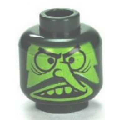 dark green minifigure head lime face with angry eyebrows large eyes long nose beard and open mouth with top teeth pattern