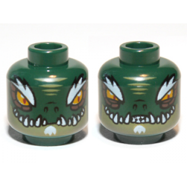 dark green minifigure head dual sided alien chima crocodile with bright light orange eyes olive green lower jaw white bushy eyebrows soul patch and sharp teeth wide narrow eyes pattern