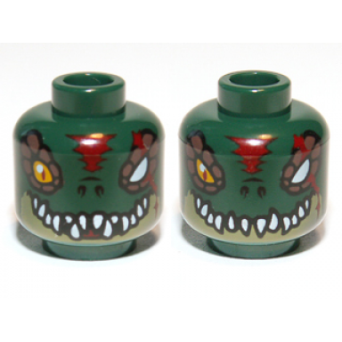 dark green minifigure head dual sided alien chima crocodile with bright light orange eye missing eye red forehead and scar olive green lower jaw and white sharp teeth open closed mouth pattern