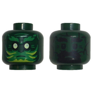 dark green minifigure head dual sided green eyebrows and face paint with lime highlights yellowish green eyes black eyebrows goatee and eyes pattern