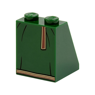dark green slope 65 2 x 2 x 2 with bottom tube with minifigure dress skirt robe black lines brown hemline and belt pattern