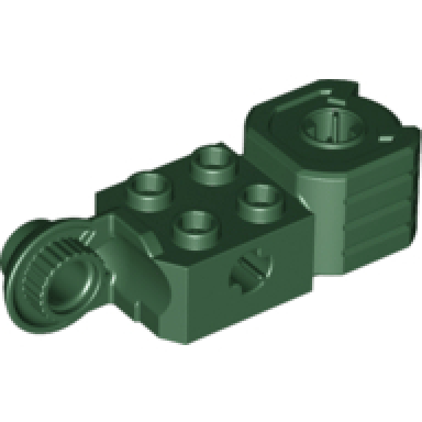 dark green technic brick modified 2 x 2 with axle hole rotation joint ball half vertical and fist